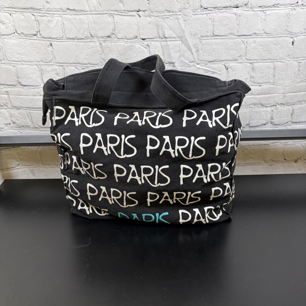 Robin Ruth Paris Canvas Tote Bag Black Script Print Zippered Shoulder Bag Travel